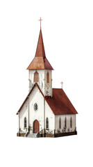 Fototapeta premium Historic white church with red roof and tall steeple, isolated on white background. Charming and rustic architectural detail photography.