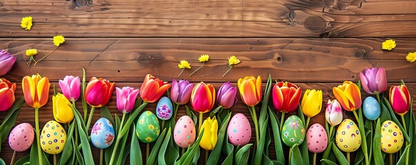 Fototapeta premium Decorated eggs on wooden plank surrounded by colorful tulips for Easter