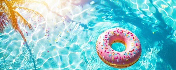 A donut inflated in a pool with palm leaves and sunlight