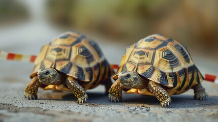 Obraz premium Quirky tortoises racing finish line close-up