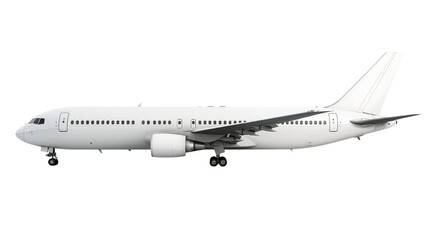 Side view of a commercial airplane with a white exterior isolated on a transparent background, ideal for travel and aviation themes.