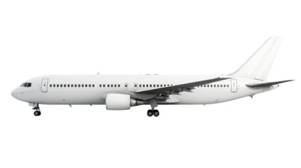 Side view of a commercial airplane with a white exterior isolated on a transparent background, ideal for travel and aviation themes.