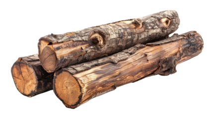 Stack of rustic wooden logs isolated on white background, perfect for firewood, construction, and natural decor projects.