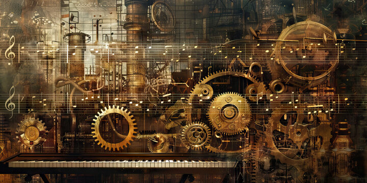 Steampunk Symphony: Music Notes with Steampunk Gears and Machinery in a Victorian Industrial Setting