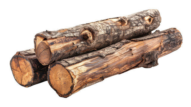 Stack of rustic wooden logs isolated on white background, perfect for firewood, construction, and natural decor projects.
