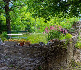 Charming Stone Garden with Bench, Wild Grass, and Colorful Flowers