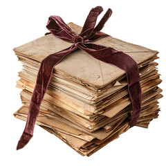 A stack of vintage letters tied with a maroon ribbon, evoking a sense of nostalgia and history. Perfect for themes of love and remembrance. transparent background.