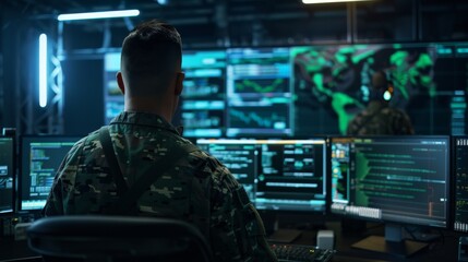 Dark web hacker in military uniform. Cyberwar concept.