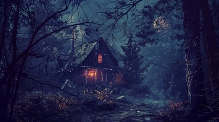mysterious halloween cabin in the woods spooky haunted house digital artwork