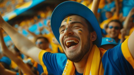 Excited Sports Fan Celebrating in Stadium with Confetti and Crowd Cheering During a Sunny Day