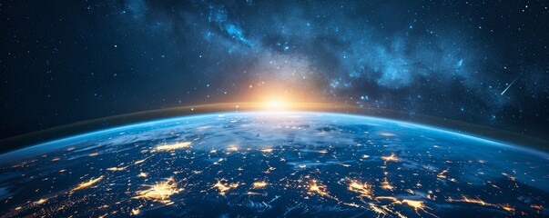 Obraz premium A sunrise in space over the US horizon - blue shining on the horizon