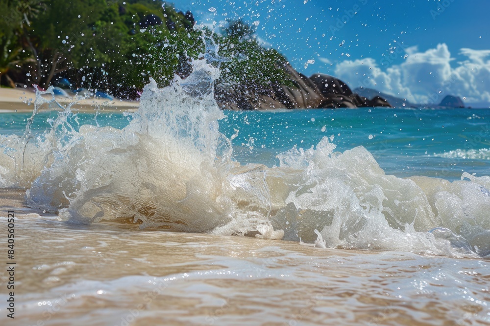 Wall mural water splash beach. tropical paradise with waves at seychelles beach