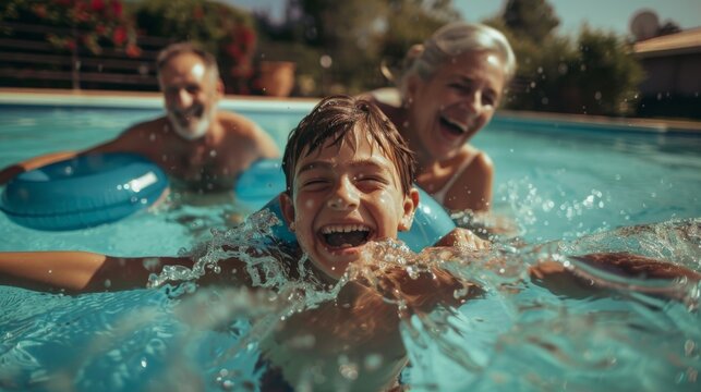 Families with multi-generations enjoy swimming in backyard pools during summer.