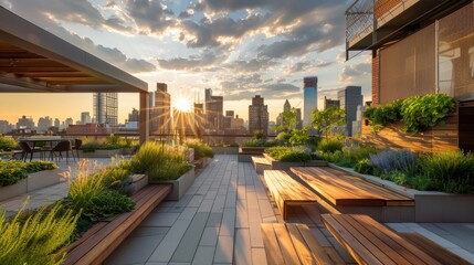 Fototapeta premium Generative AI-generated view of a green roof-garden in a big city.