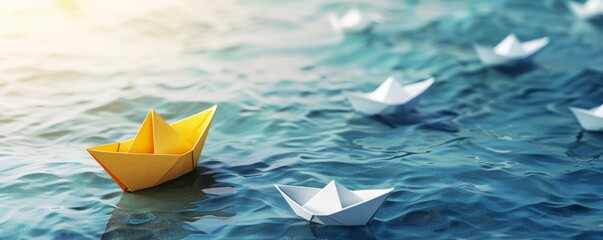 Leadership Vision - Sailing Against The Tide - Yellow Paper Boat Change Direction