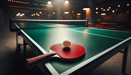 Table Tennis Paddle and Ball on Indoor Table