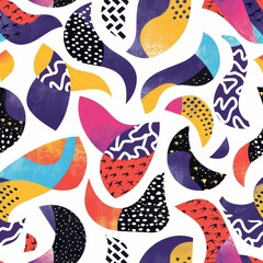 Bright colorful donut shapes and objects. Abstract, quirky style. Hand drawn illustration. Seamless pattern. Background or wallpaper. Repeating design element.