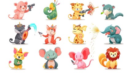 A set of cute and funny cartoon pets including a playful puppy, a curious kitten, and a happy bunny, with soft, rounded shapes and bright colors.

