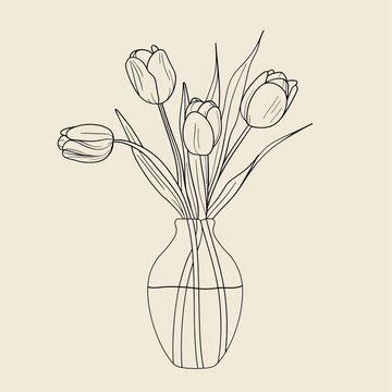 recommend clip art: Detailed outline of tulips in a glass vase. Modern illustration in one continuous line style. Isolated floral design element. Poster, print, card, and decoration template in one continuous line