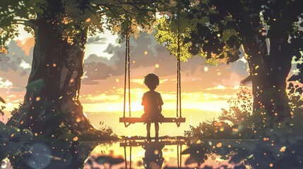 nostalgic anime scene of a young boy sitting alone on a park swing evoking childhood memories and emotions digital illustration
