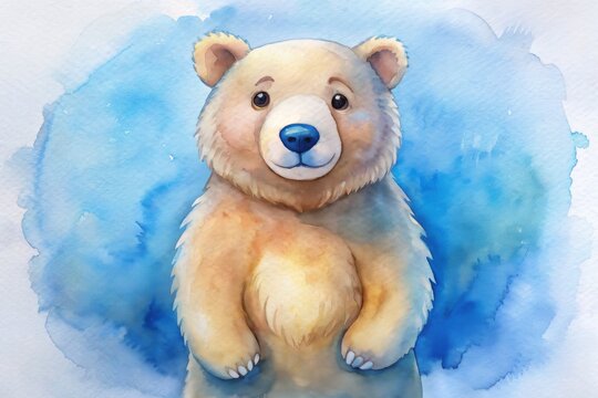 Cute watercolor illustration of a smiling bea