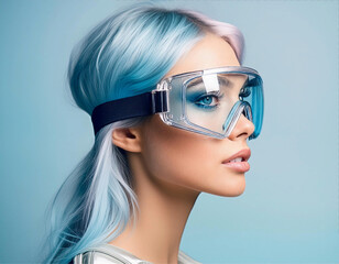 Naklejka premium Uma jovem mulher, bonita, cabelos lisos e tingidos de azul, usando óculos de acrílico transparente. Fundo azul claro. 