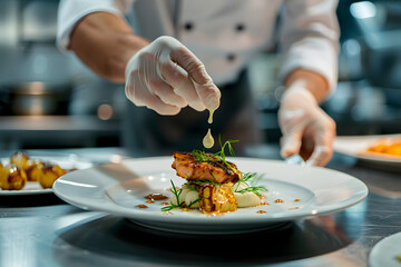 A detailed shot of gourmet cuisine being plated with artistic presentation, with a soft, blurred background providing plenty of copy space for fine dining advertisements