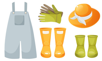 A set of colorful gardening clothes, clothes for a farmer. Denim overalls, rubber boots, gloves, hat. Vector illustration of stylish protective clothing for agriculture