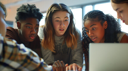 Diverse group of students collaborating on a digital project, gathered around a laptop in a modern classroom setting.