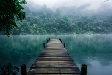 A tranquil scene of a wooden dock extending into a serene lake, surrounded by lush forest, with morning mist rising from the water