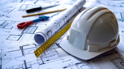 Detailed Blueprint with Safety Helmet and Measuring Tape for Architectural Design and Construction Projects