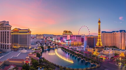 panoramic view of las vegas strip at sunrise with illuminated hotels and casinos luxury travel destination photography