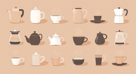 Hand drawn illustration of various cups and teapots with fresh hot tea. Isolated design elements. Tea party concept, ceremony concept, cafe, healthy drink concept, health drink concept, tea party,