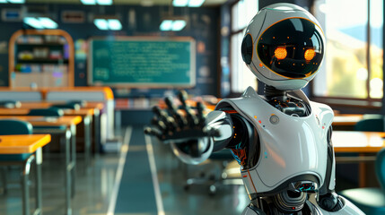 Robot child in a classroom setting, hand raised, futuristic education and technology integration, brightly lit learning environment