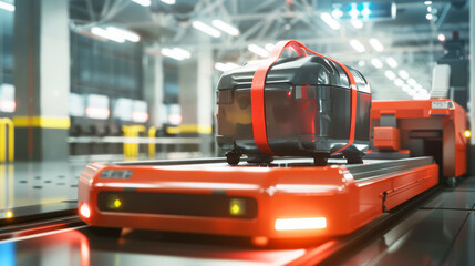 Fototapeta premium Robotic arm placing luggage on conveyor belt in modern airport terminal with bright lighting and high-tech machinery.