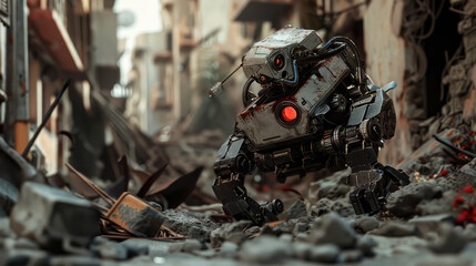 Weathered bomb disposal robot navigating debris in an abandoned urban area, showcasing wear and rust on its yellow frame.