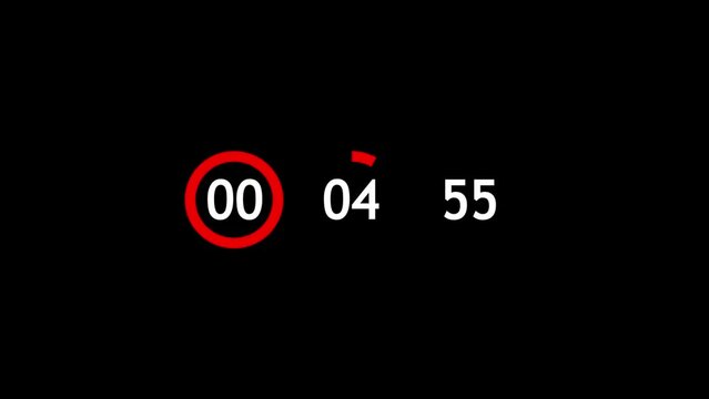 5 minutes countdown hours, mins, seconds isolated on black 