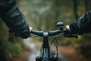 Fototapeta premium A close-up of a cyclist's hand gripping the handlebar, with a blurred background providing plenty of copy space for cycling gear or fitness content 