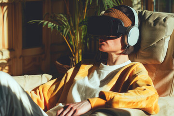 Obraz premium Woman wearing VR headset and headphones, sitting on couch, in bright room.