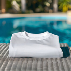 Mockup of a cloth for an advertisement, poster, or art design. A basic white folded t-shirt is displayed on a table, pool background for summer advertisement.