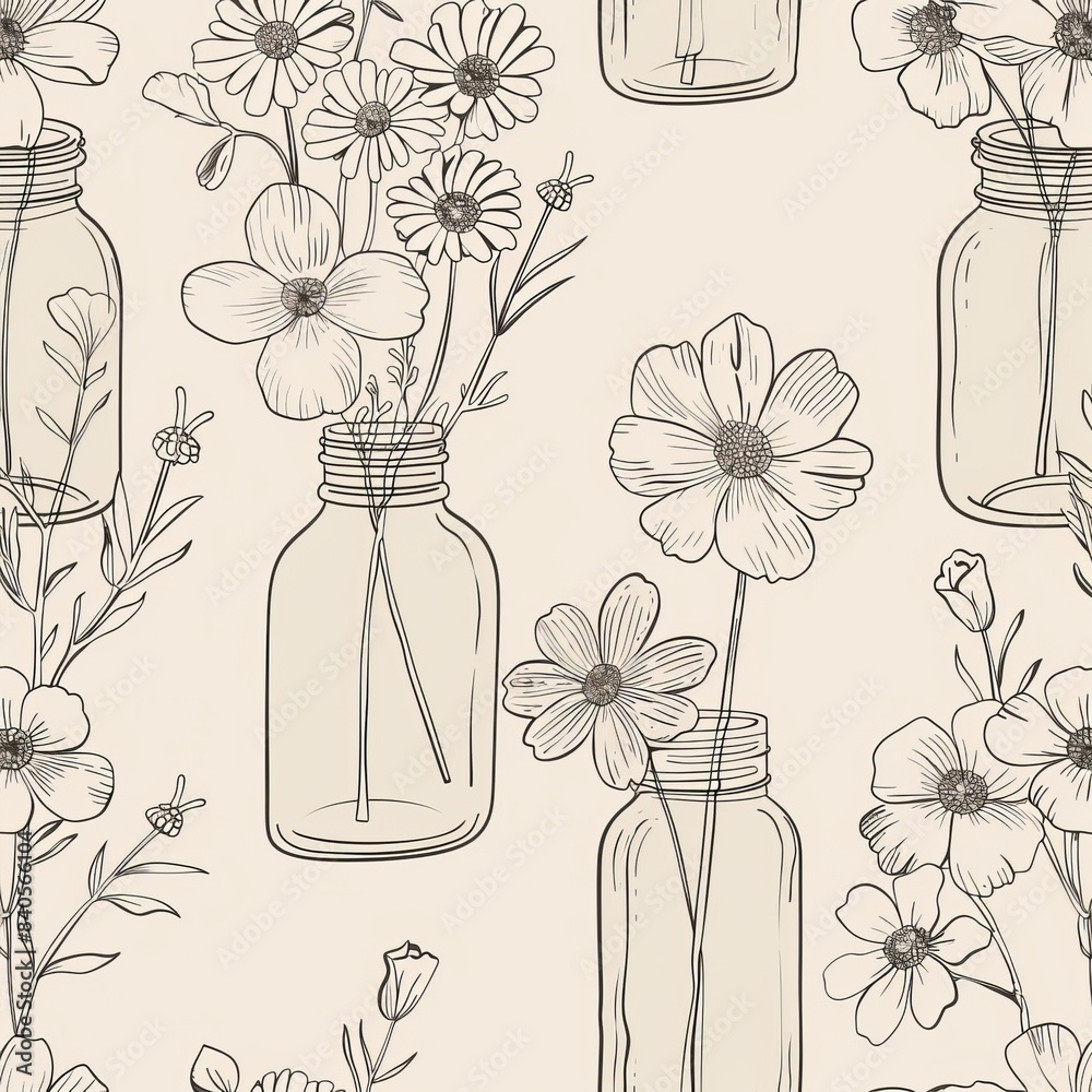 Wall mural a bouquet of flowers in a glass vase with outlines drawn in modern. a seamless pattern. modern illus