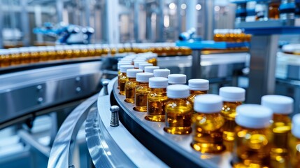 pharmaceutical vials on automated production line in modern factory industry concept