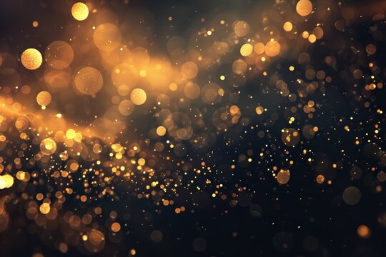 Dark background, gold particles on blurred background with a bokeh effect, dark black and light golden colors, complex details. Explosion and celebration wallpaper