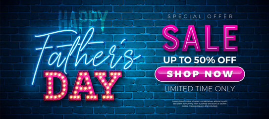 Father's Day Sale Promotional Business Illustration with Glowing Neon and Light Bulb Lettering on Brick Wall Background. Vector Special Holiday Offer Illustration for Best Dad. Template for Coupon