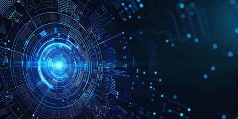 Fototapeta premium Abstract futuristic blue technology background with digital data and circuit board elements on dark background. Technology background with copy space