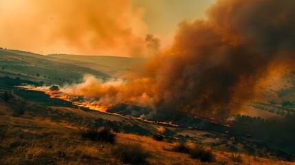 Fototapeta premium Dramatic Wildfire Spreading Across Dry Hillside With Billowing Smoke and Fiery Glow