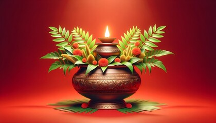 Watercolor illustration for the Bonalu with a traditional pot adorned with leaves and flowers.