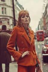 A stylish 1960s mod fashion photoshoot on a busy London street