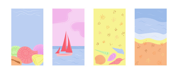 Naklejka premium Summer story template for social media with seashells, ship, sea and beach