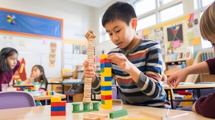 Boy building tall tower with colorful blocks in lively classroom, engaged in educational play